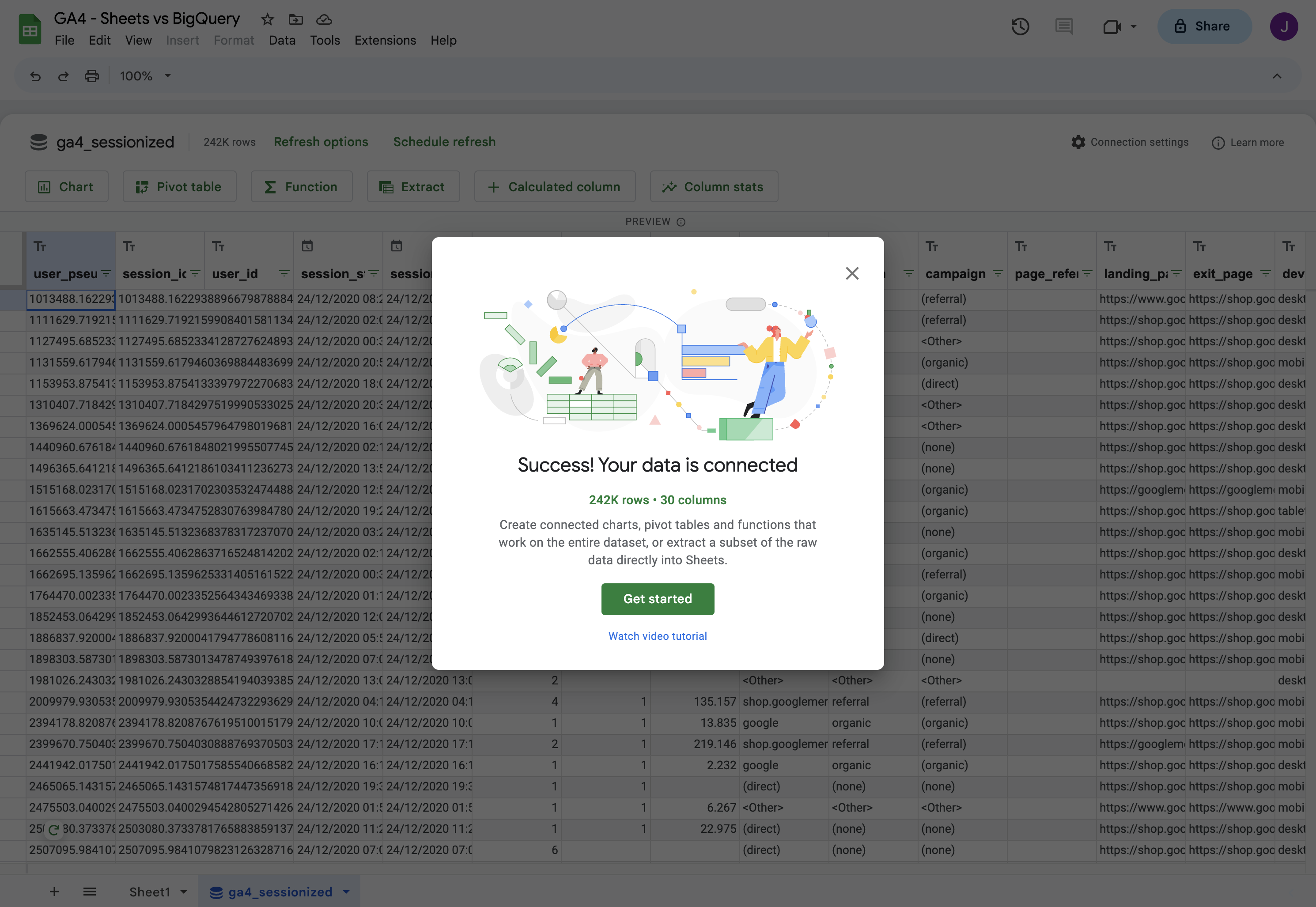 How to set up Google 'Connected' Sheets to access GA4 BigQuery export data without learning SQL