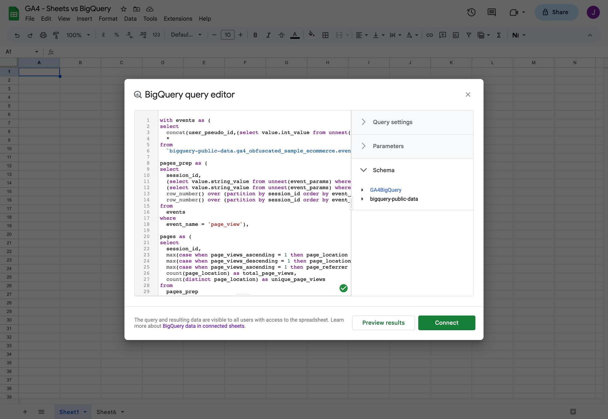 How to set up Google 'Connected' Sheets to access GA4 BigQuery export data without learning SQL