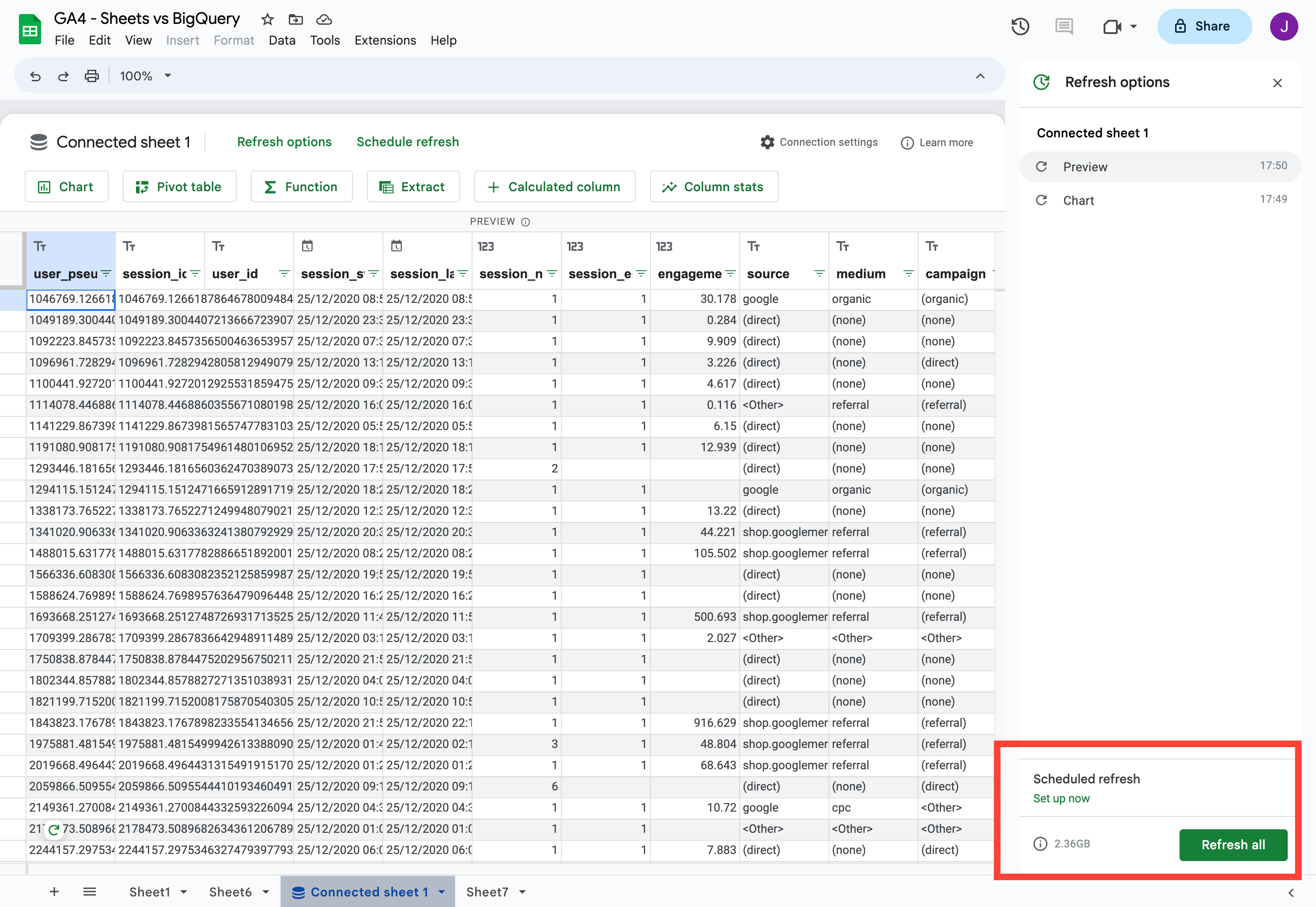 How to set up Google 'Connected' Sheets to access GA4 BigQuery export data without learning SQL