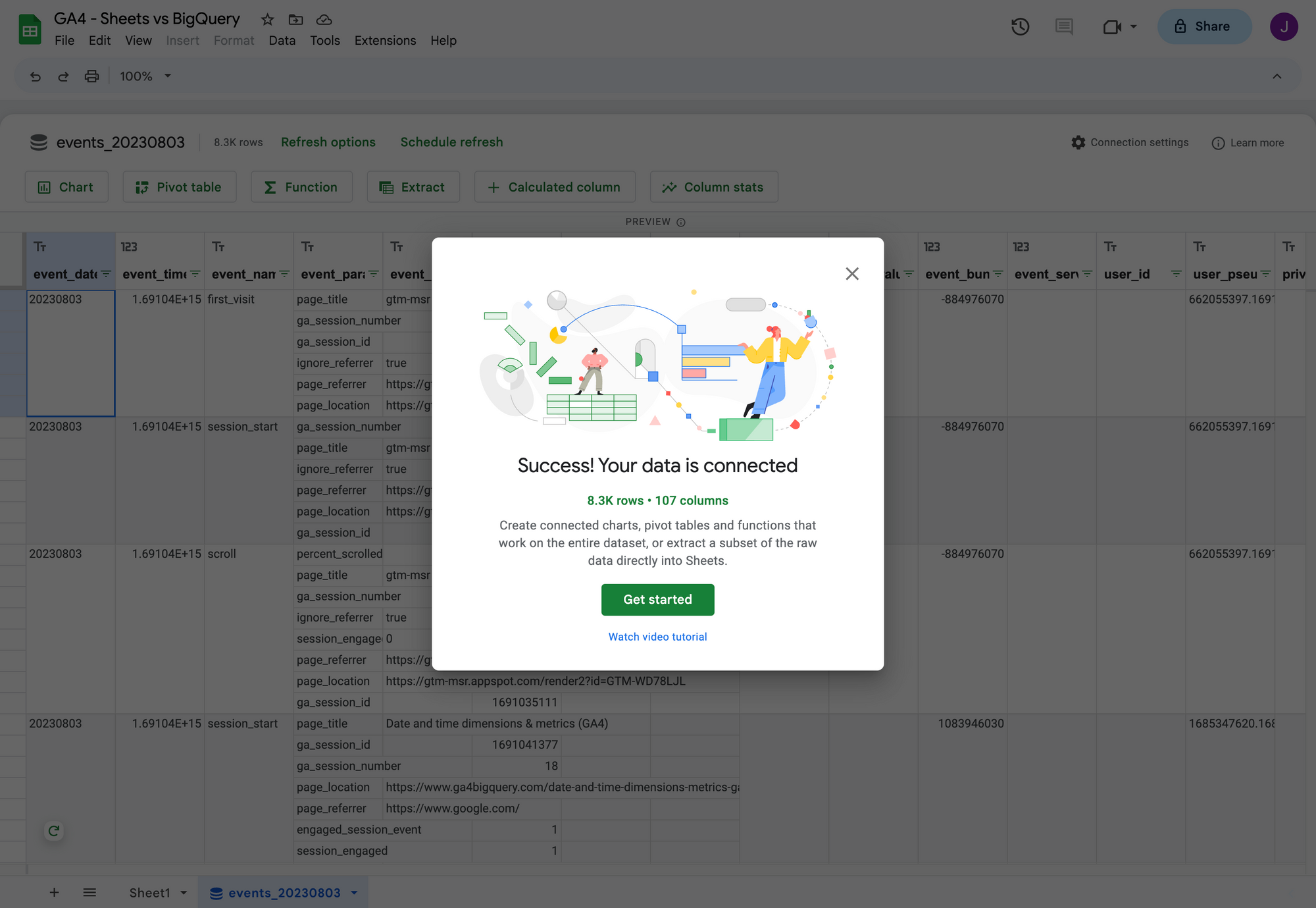 How to set up Google 'Connected' Sheets to access GA4 BigQuery export data without learning SQL