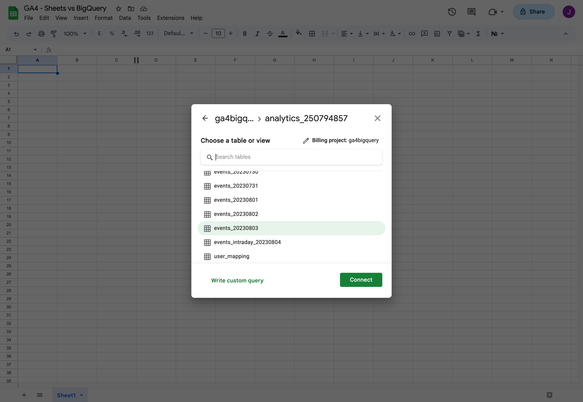 How to set up Google 'Connected' Sheets to access GA4 BigQuery export data without learning SQL