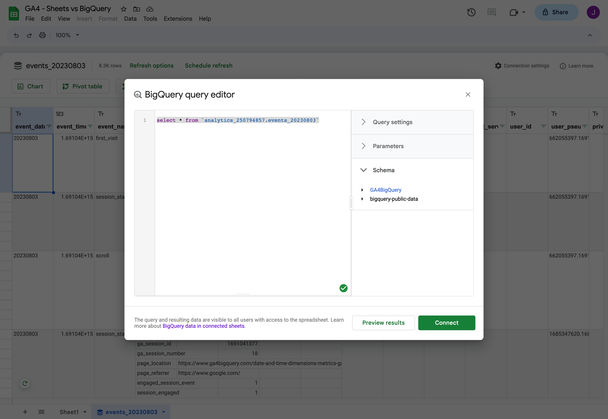 How to set up Google 'Connected' Sheets to access GA4 BigQuery export data without learning SQL