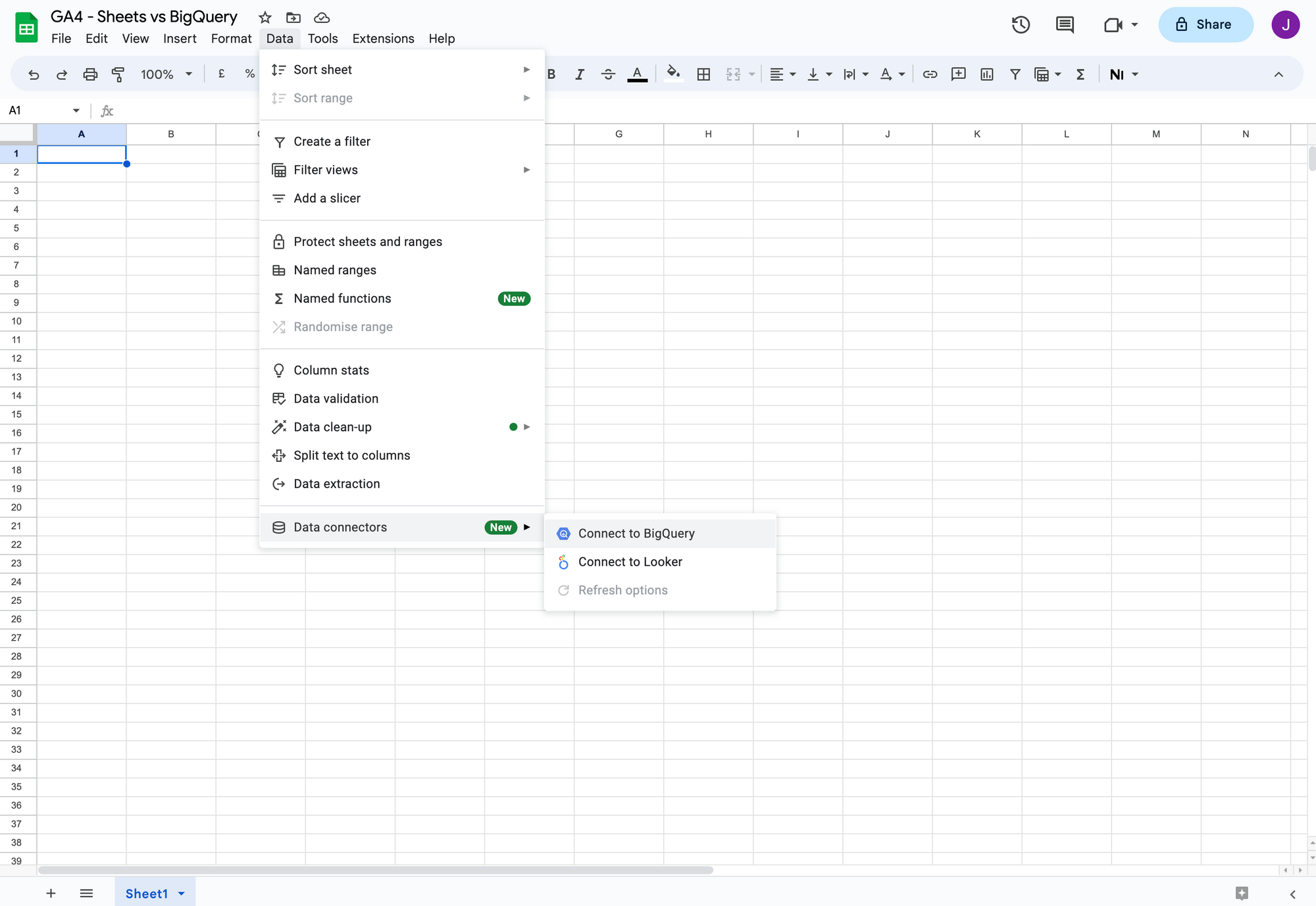 How to set up Google 'Connected' Sheets to access GA4 BigQuery export data without learning SQL