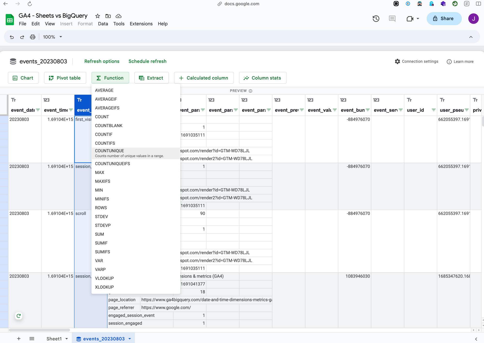 How to set up Google 'Connected' Sheets to access GA4 BigQuery export data without learning SQL