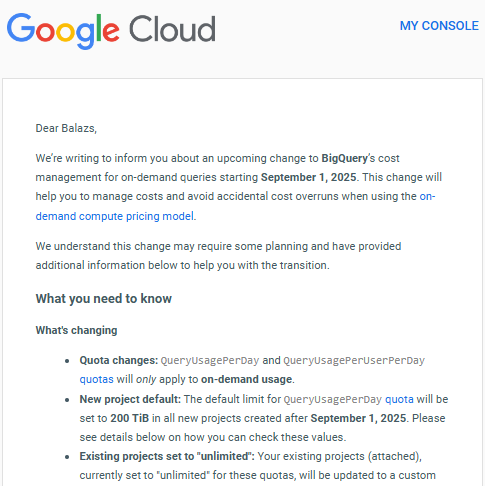 Excerpt from Google's email on automatically applied BigQuery usage quotas