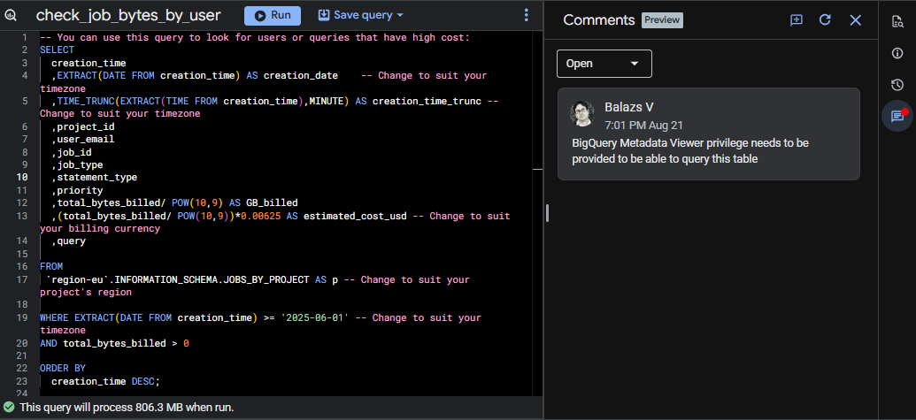 Example of Google Workspace style comments added to a BigQuery saved query