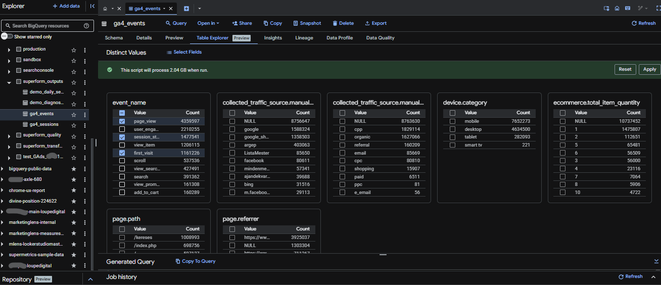 Table explorer feature in BigQuery.