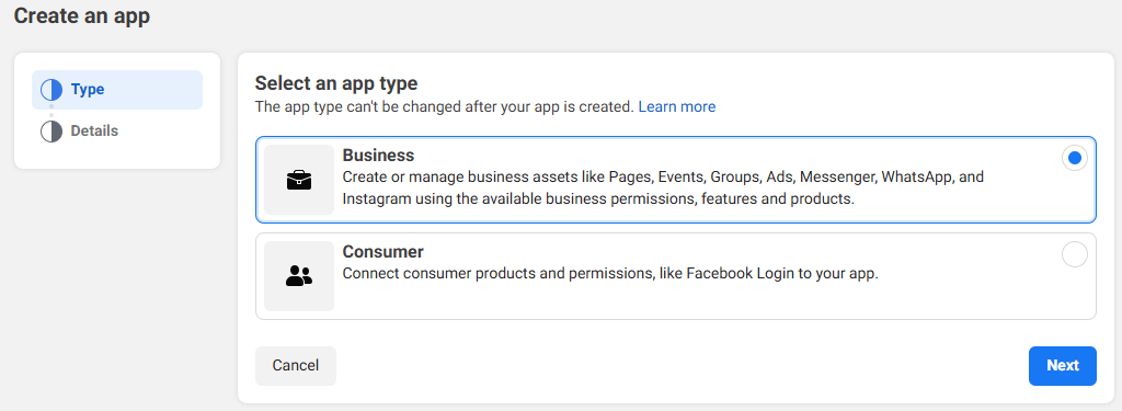 Selecting app type.