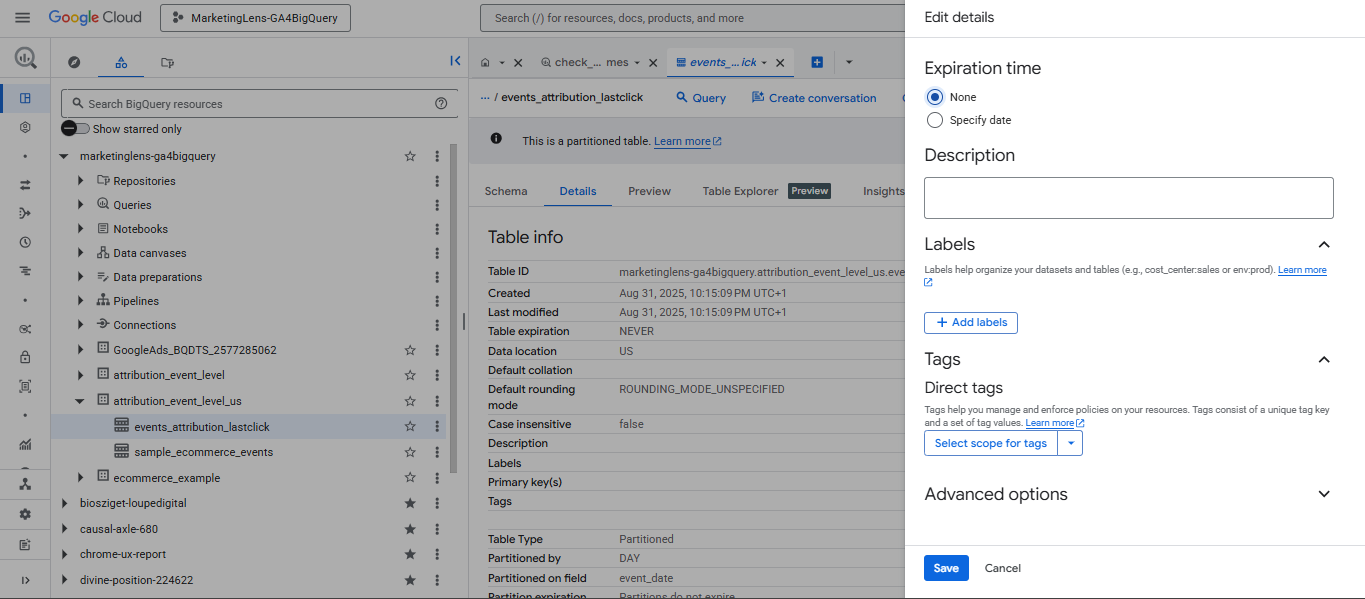 Editing table expiration in the table settings in the BigQuery UI.