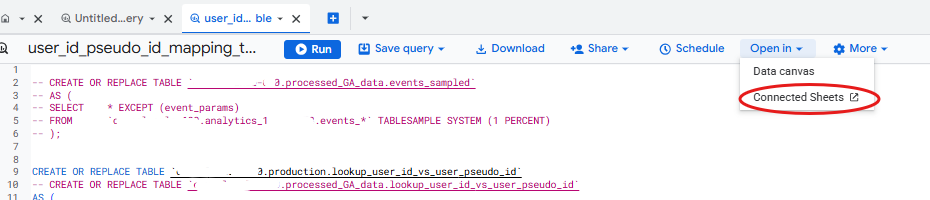 Screenshot showing how to open a Saved Query in a Connected Sheet.