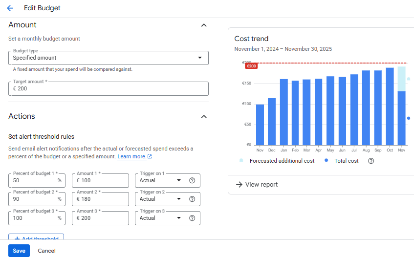 Setting billing alert thresholds in GCP / BigQuery (one or more, actual or forecasted).