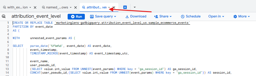 Permanent and temporary tabs in BigQuery Studio (note the italic font on the right)