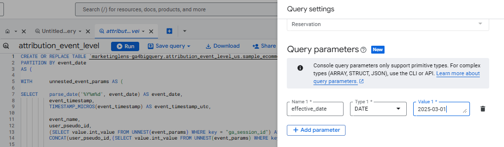 Using parameterized queries and setting parameters in Query Settings.