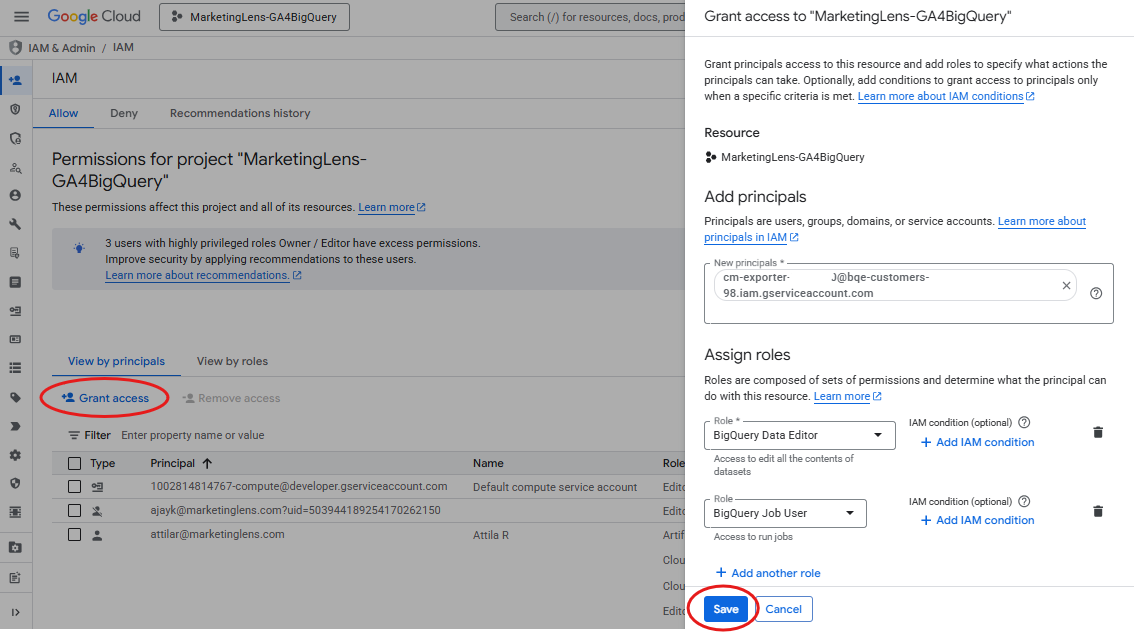 Adding privileges to the BigQuery Exporter service account.