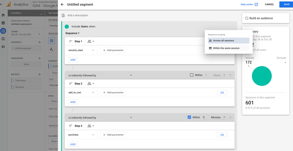 How to create a custom user segment based on a sequence of GA4 events in BigQuery