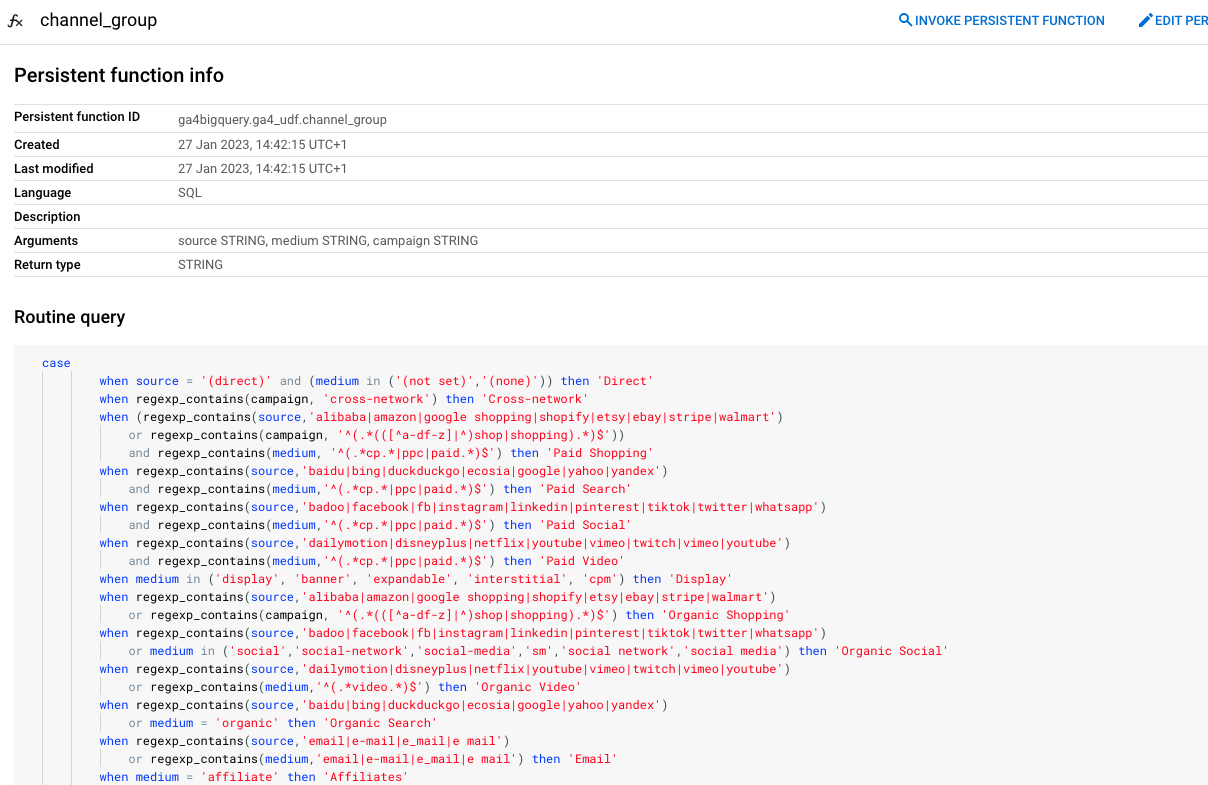 How to deal with repetitive chunks of SQL code: let a UDF create your GA4 channel group dimensions in BigQuery