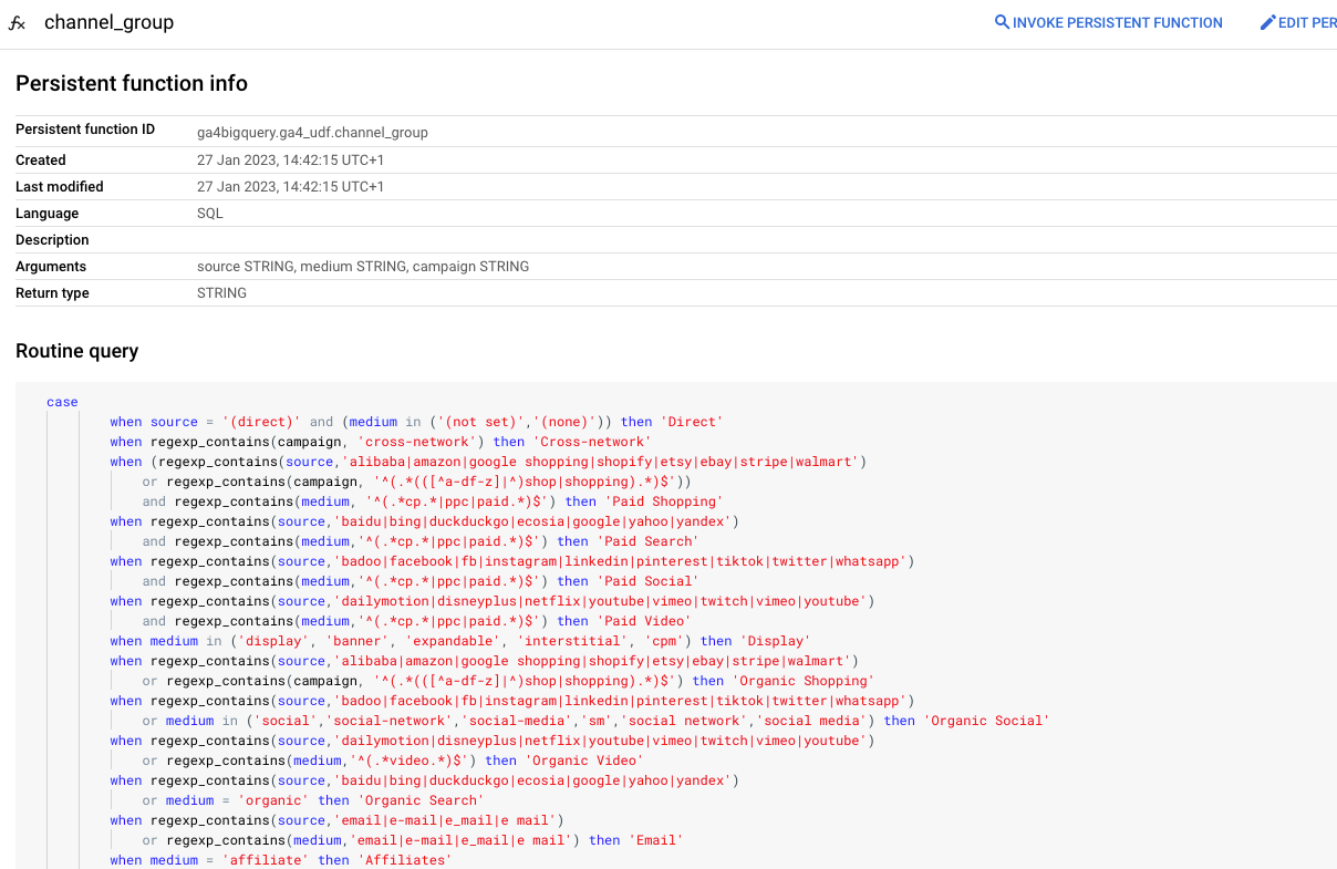 How to deal with repetitive chunks of SQL code: let a UDF create your GA4 channel group dimensions in BigQuery