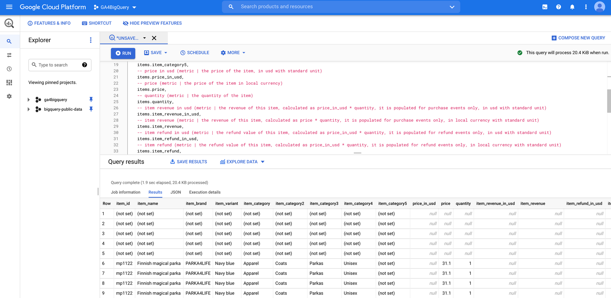 Items: dimensions & metrics (GA4)